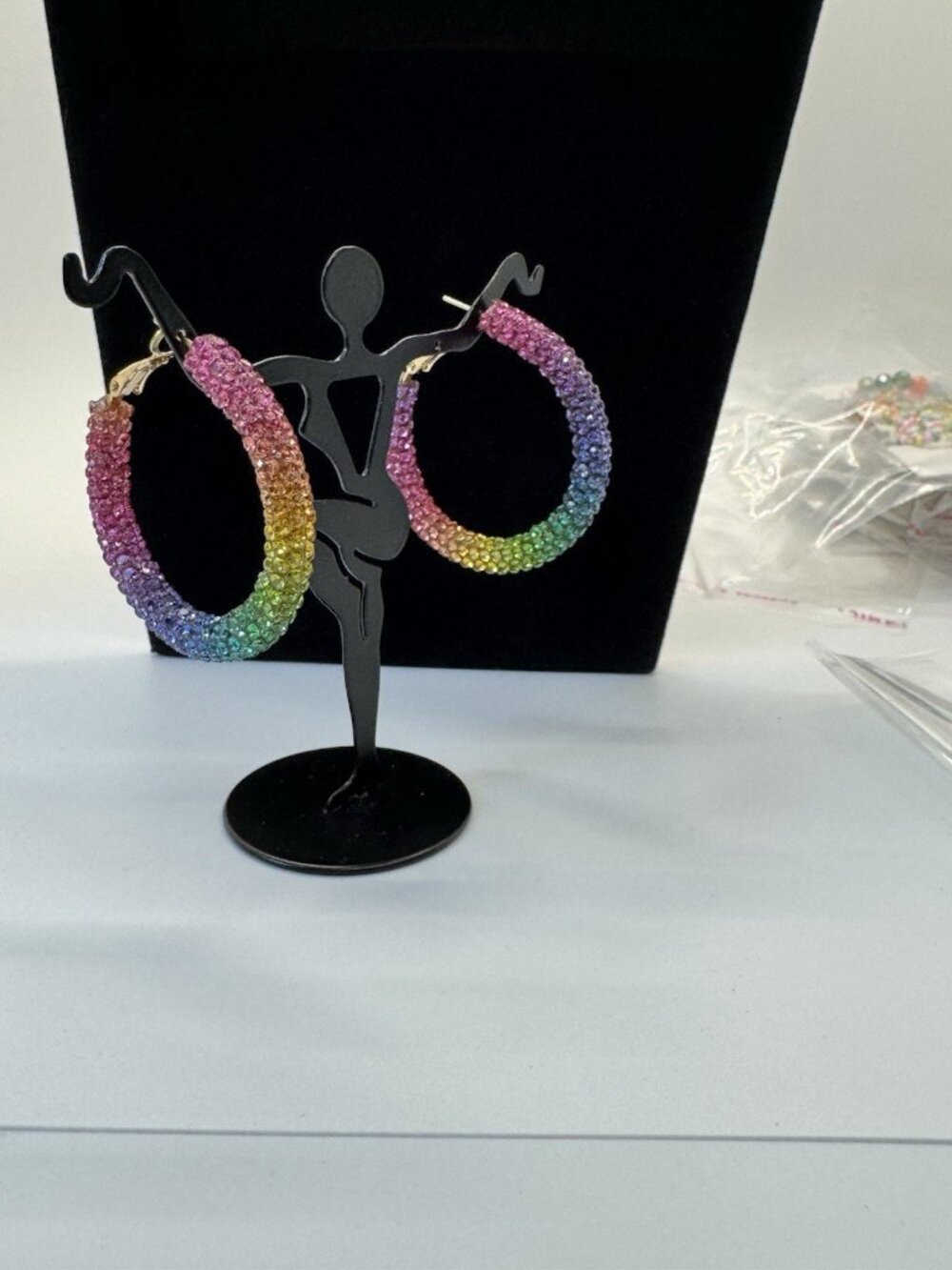 Rainbow Rhinestone Pave’ Hoop Earrings Multicolor Large Statement Dangle